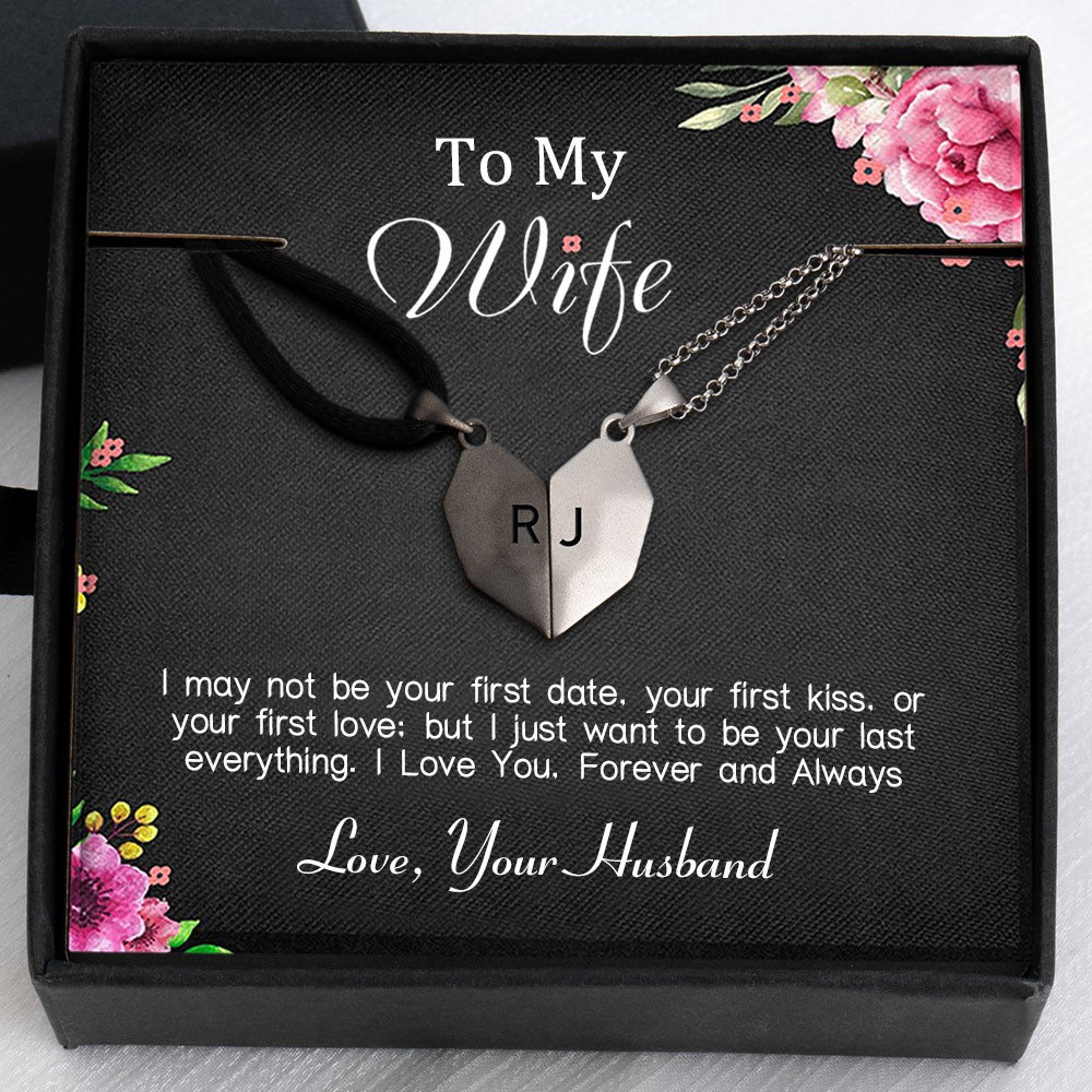 To My Wife Necklace 2 Pieces Personalised Magnetic Heart-Shaped Necklace For Valentine's Day Anniversary
