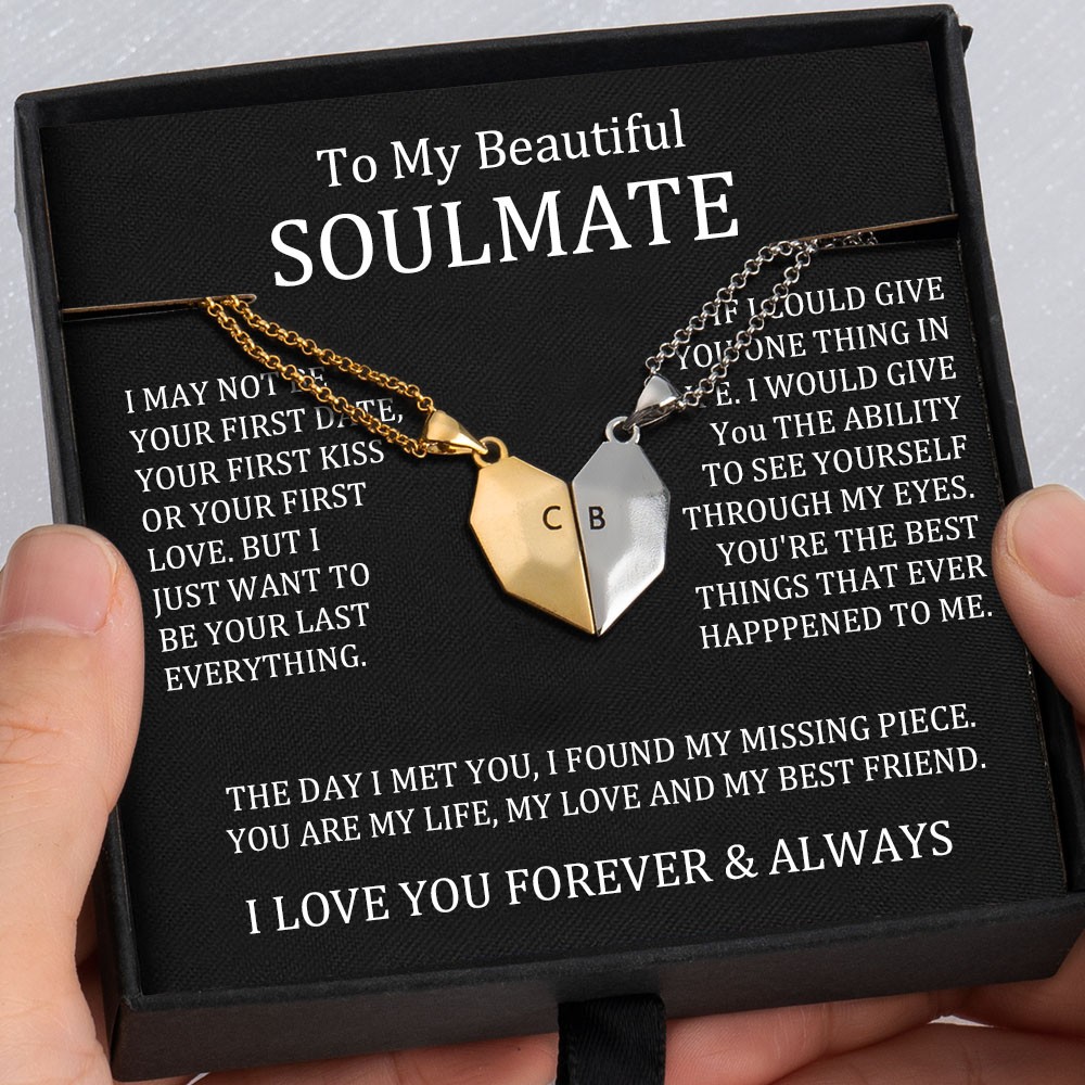To My Soulmate 2 Pieces Personalised Magnetic Heart-Shaped Necklace For Valentine's Day