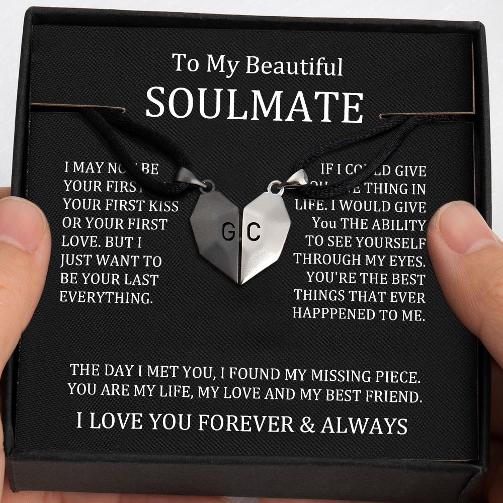 To My Soulmate 2 Pieces Personalised Magnetic Heart-Shaped Necklace For Valentine's Day Anniversary