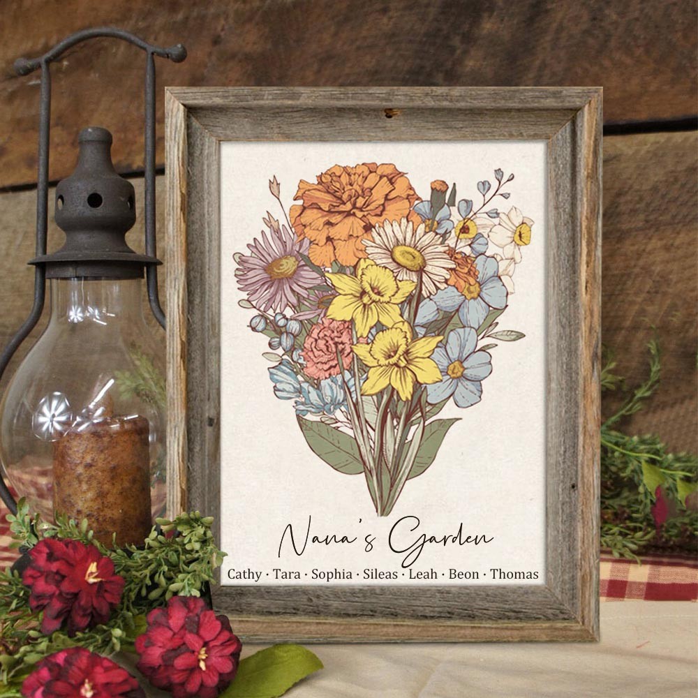 Custom Nana's Garden Birth Flower Bouquet Art Wood Sign For Mum Grandma Christmas Gift Ideas