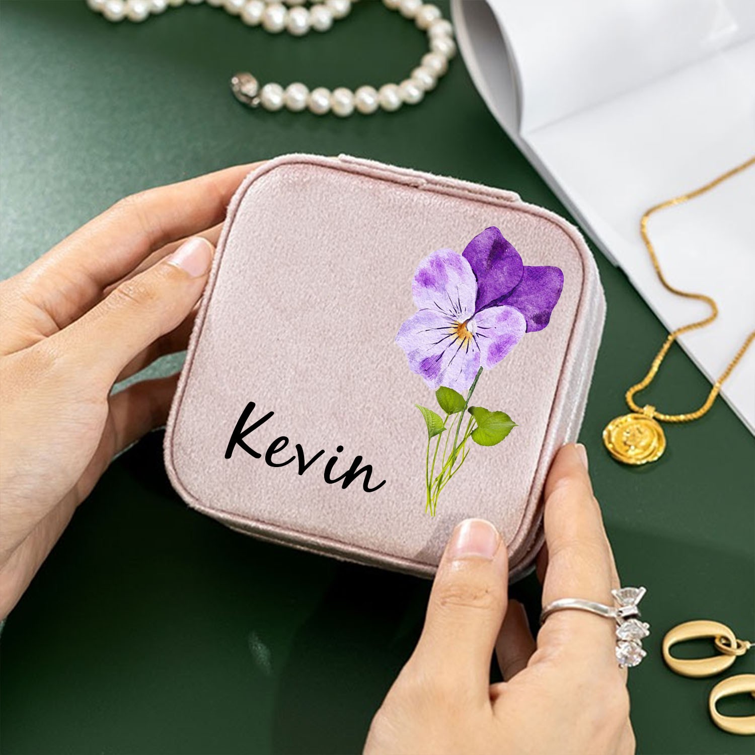 Personalised Birth Flower Jewelry Travel Box Bridesmaid Gift Case With Name