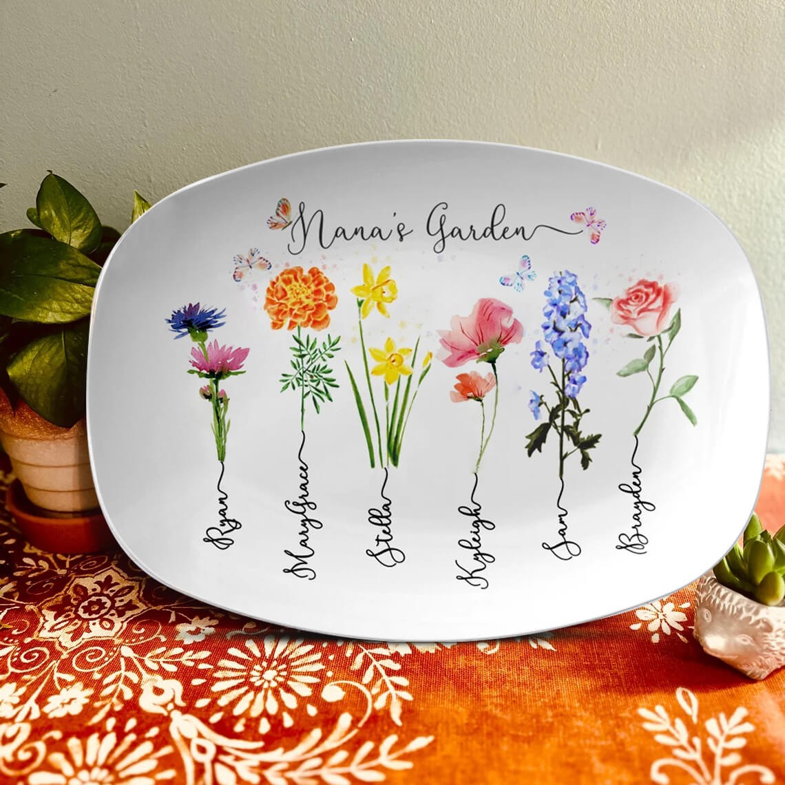 Personalised Nana's Garden Platter With Grandkids Name and Birth Month Flower For Mother's Day