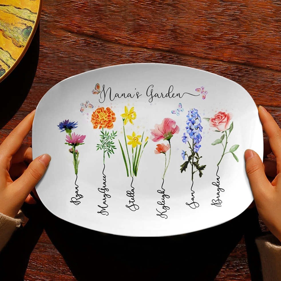 Personalized Nana's Garden Platter With Grandkids Name and Birth Month Flower For Mother's Day ...