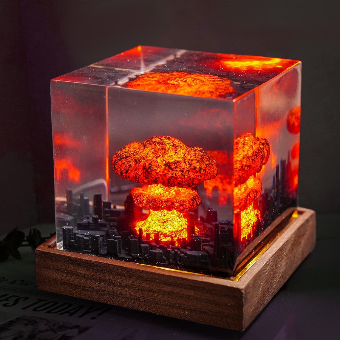Nuke Bomb Mushroom Cloud Epoxy Resin Wood Lamp Gifts For Peace Lovers