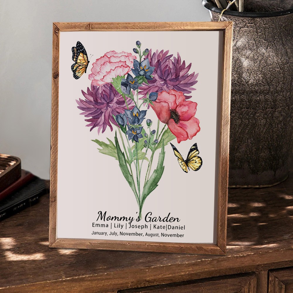 Custom Mummy's Garden Birth Flower Family Bouquet Wood Sign Art With Kids Name For Christmas Mother's Day