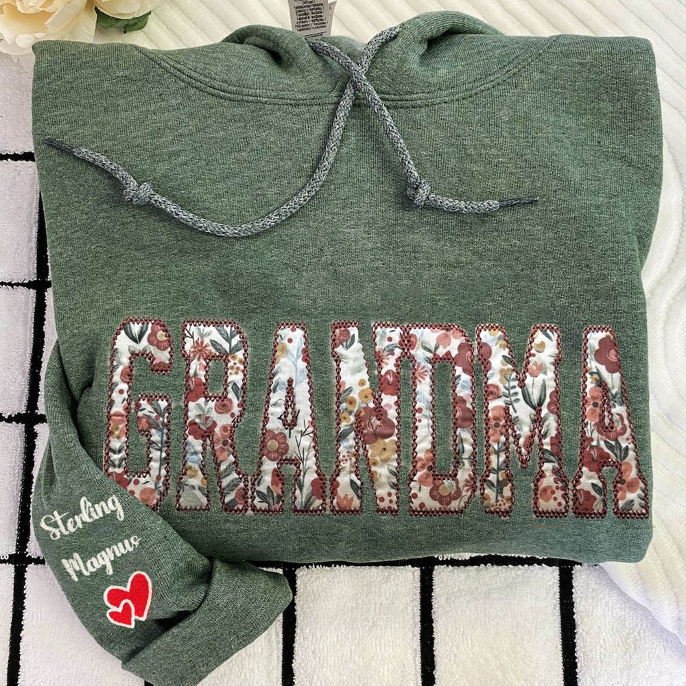 Custom Floral Grandma Embroidered Sweatshirt With Grandchildren Name On Sleeve For Mom Grandma Christmas Gift