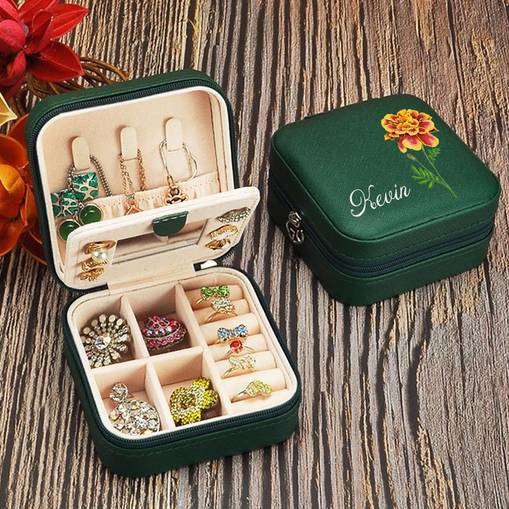 Personalised Birth Flower Jewelry Travel Boxes Bridesmaid Gift Case With Name