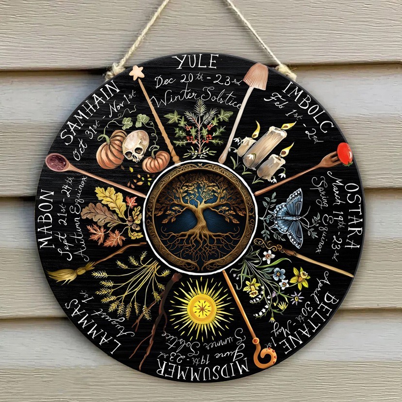 Wheel Of The Year Moon Phases Wooden hanging Calendar Sign