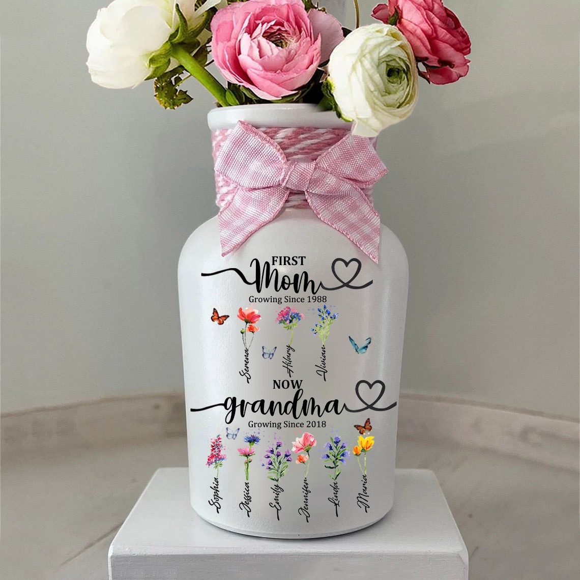 First Mom Now Grandma Gifts Custom Birth Flower Vase For Christmas
