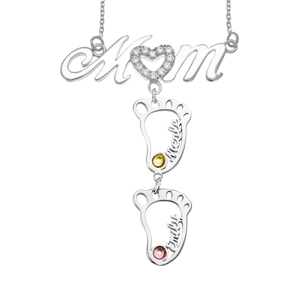 Silver Personalised 1-10 Hollow BabyFeet Name Mum Necklace With Birthstones