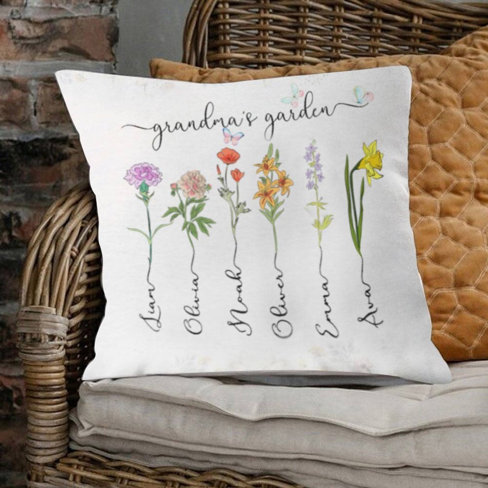 Personalised Grandma's Garden Birth Flower Pillow With Grandkids Name For Mother's Day