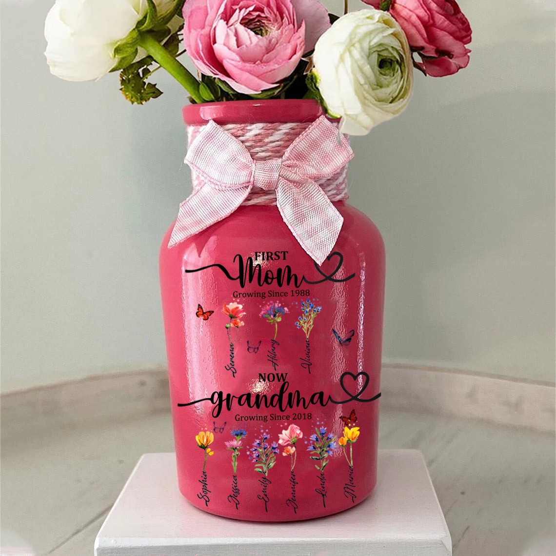 First Mom Now Grandma Gifts Custom Birth Flower Vase With Names For Christmas