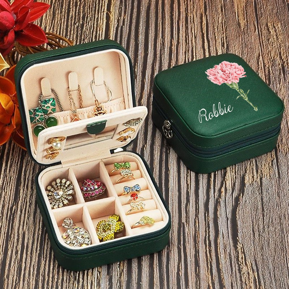 Personalised Birth Flower Jewelry Travel Boxes Bridesmaid Gift Case With Name