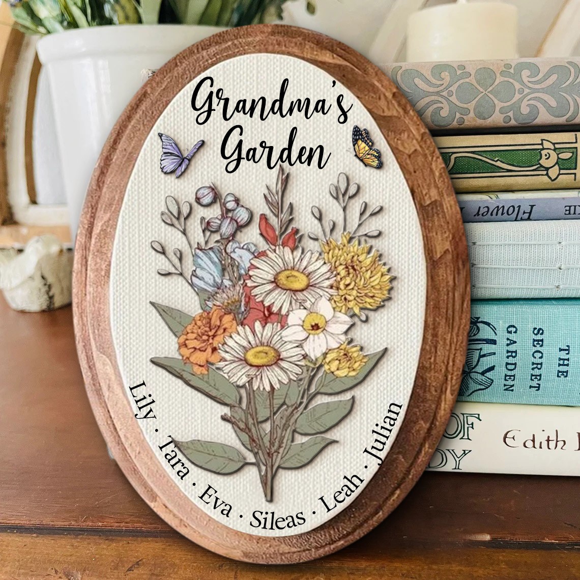 Custom Grandma's Garden Birth Flower Bouquet Art Oval Wood Sign For Mom Grandma Christmas Gift
