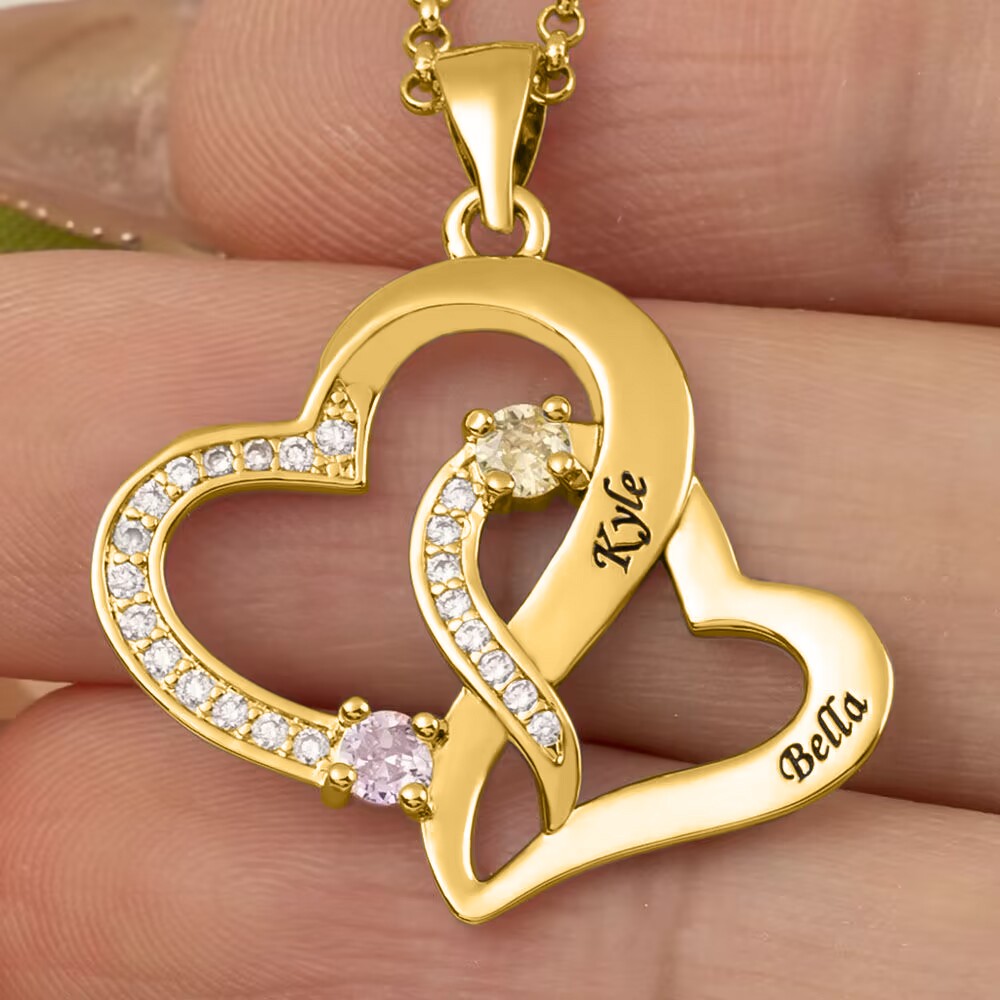 Custom Double Heart Necklace With 2 Names and Birthstones For Valentine's Day