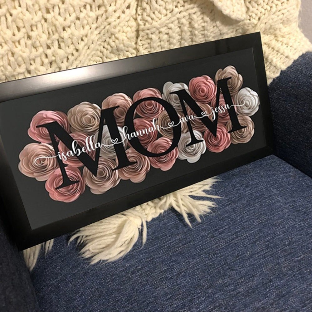 Custom Mum Flower Shadow Box With Kids Name For Grandma Mother's Day Gift Ideas