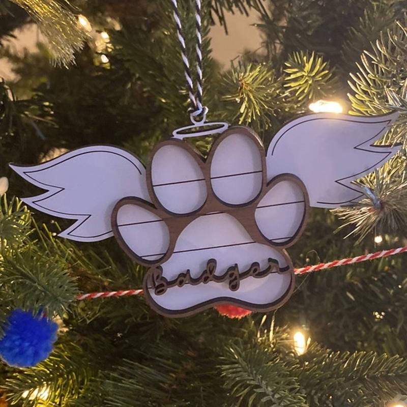 Personalised Wood Pet Paw Memorial Ornament with Wings Name Engraved