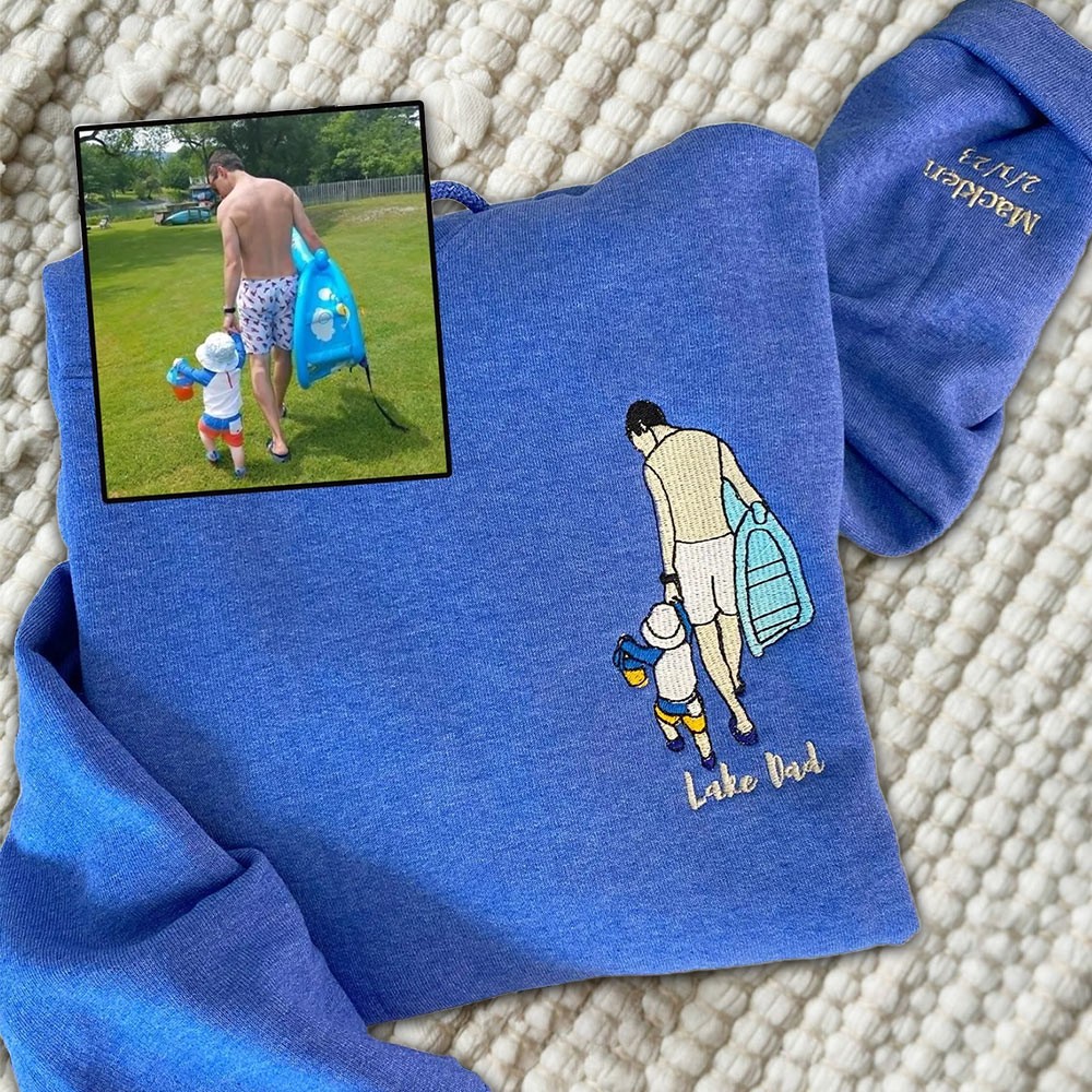 Custom Embroidered Dad Sweatshirt From Portrait with Kid Name Fathers Day or Birthday Gift for Dad