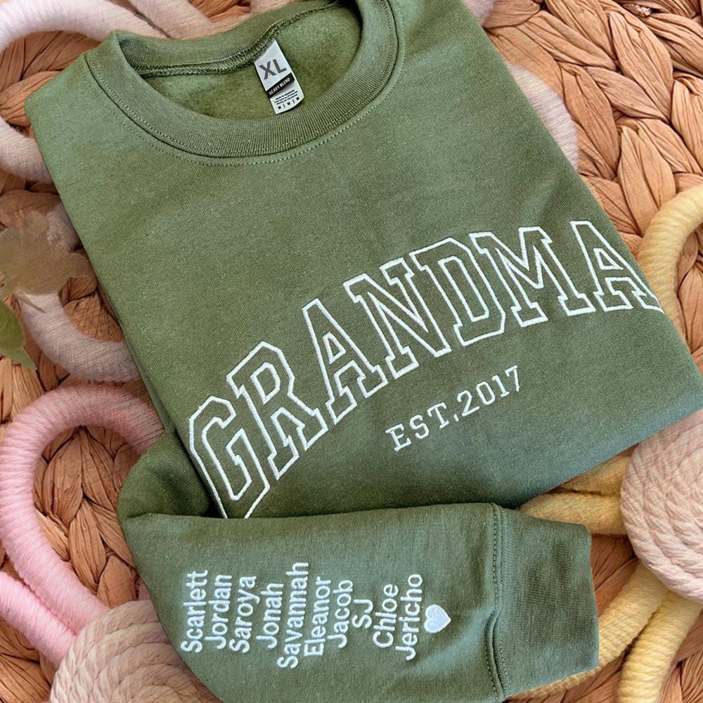 Custom Embroidered GRANDMA Sweatshirt With Grandchildren Name On Sleeve For Christmas Gift