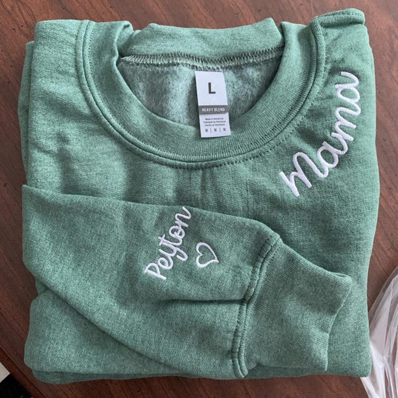 Custom Embroidered MAMA Sweatshirt With Kids Name On Sleeve For Mom Grandma Christmas Gift