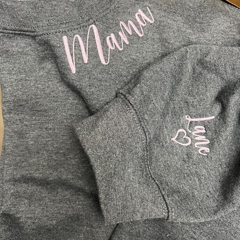 Custom Embroidered MAMA Sweatshirt With Kids Name On Sleeve For Mom Grandma Christmas Gift