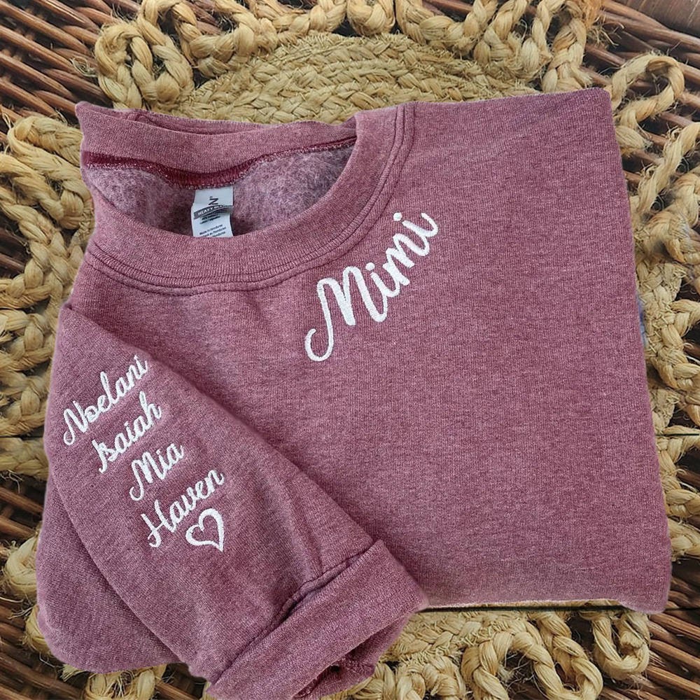 Custom Embroidered MIMI Sweatshirt With Grandchildren Name On Sleeve For Christmas Gift
