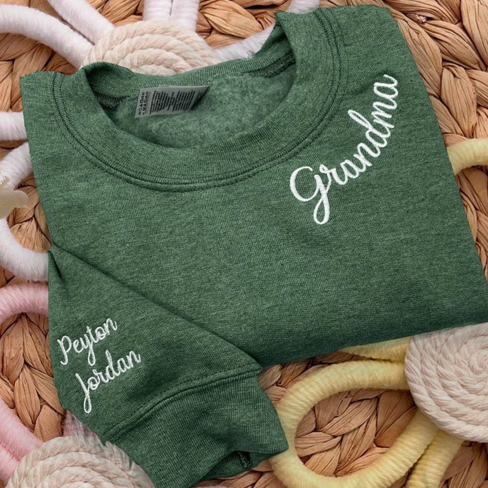 Custom Embroidered Grandma Sweatshirt With Grandchildren Name On Sleeve For Christmas Gift