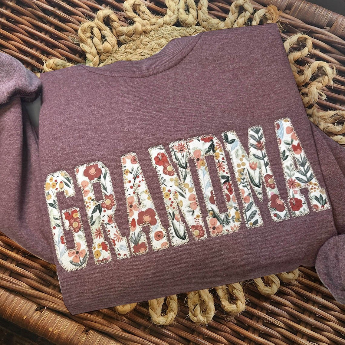 Custom Floral Grandma Embroidered Sweatshirt With Grandchildren Name On Sleeve For Christmas Gift