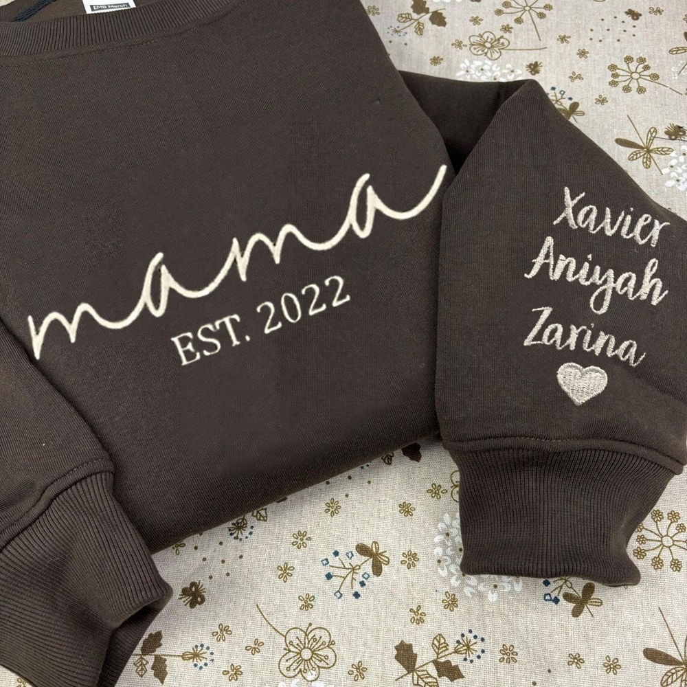 Custom Embroidered MAMA Sweatshirt With Kids Name On Sleeve For Mom Grandma Christmas Gift
