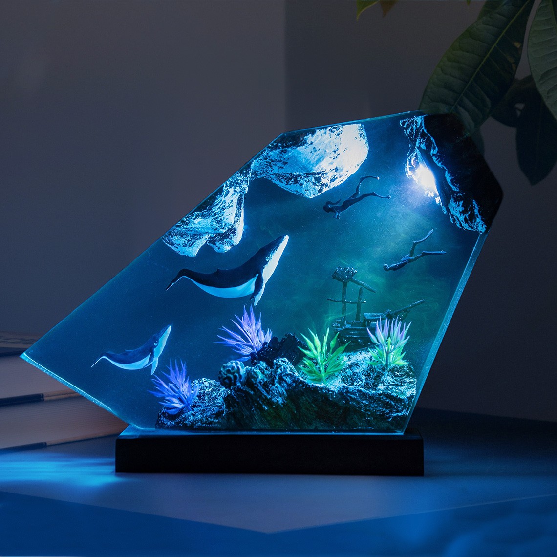 Humpback Whale and Two Diver Resin Wood Lamp Gifts For Ocean Lovers Couple