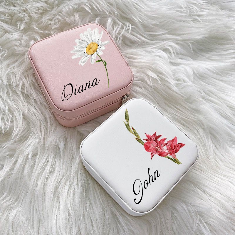 Personalised Birth Flower Jewelry Travel Box Bridesmaid Gift Case With Name