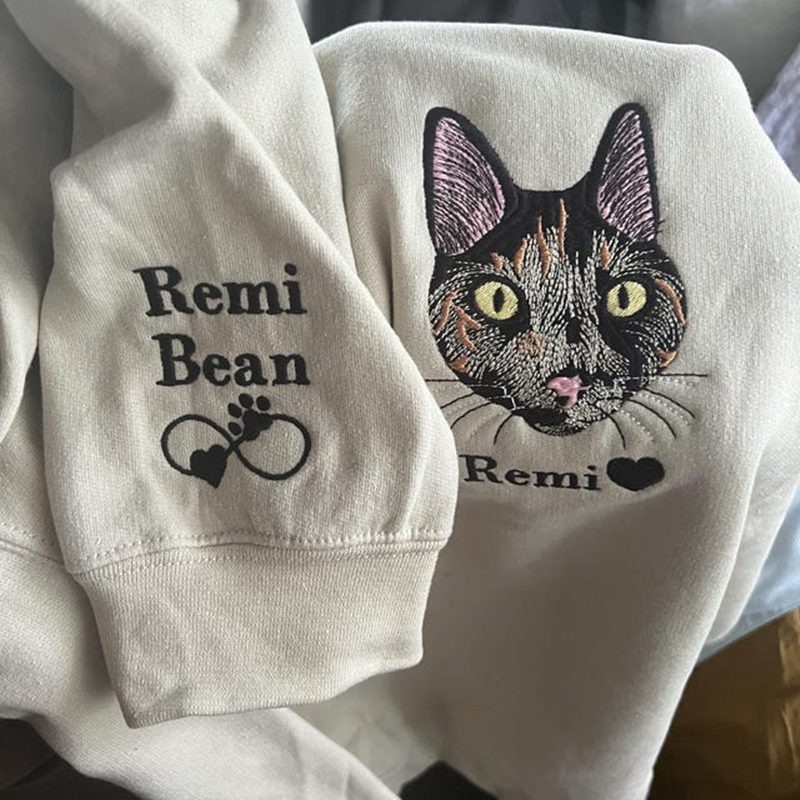 Custom Embroidered Cat Face Sweatshirt With Name For Pet Lover Gifts