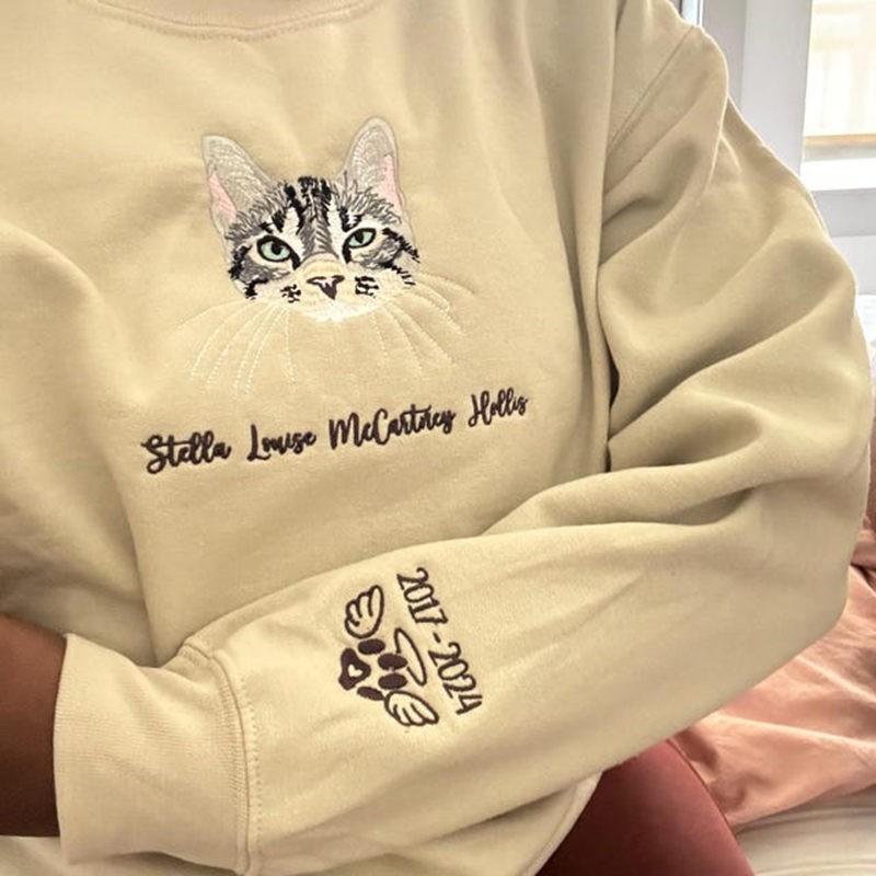 Custom Embroidered Cat Face Sweatshirt With Name For Pet Lover Gifts