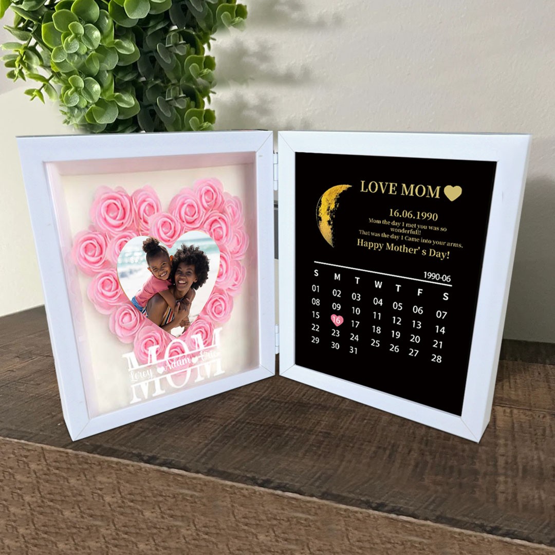 Personalised Flower Shadow Box Moon Phase Calendar with Names Gift for Mother's Day