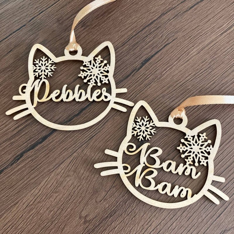 Personalised Wood Cat Christmas Ornament with Name Engraved