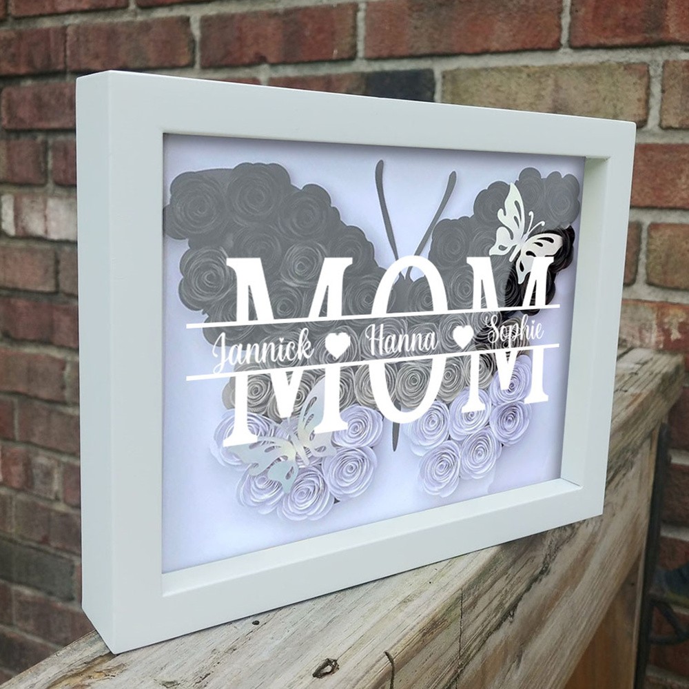 Custom Butterfly Mum Flower Shadow Box With Kids Name For Mother's Day Gift Ideas
