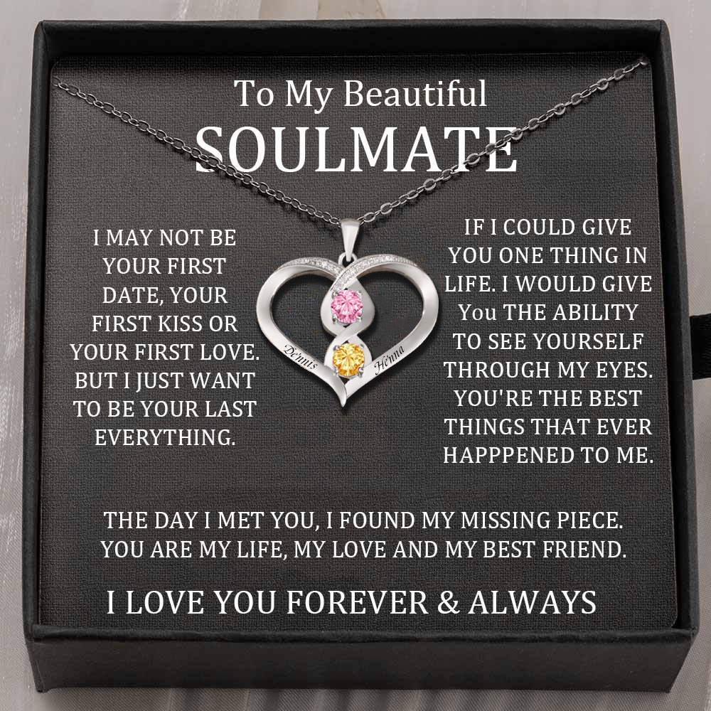 To My Soulmate Heart Necklace With Name and Birthstone Custom Valentine's Day Anniversary Couple Gift Ideas
