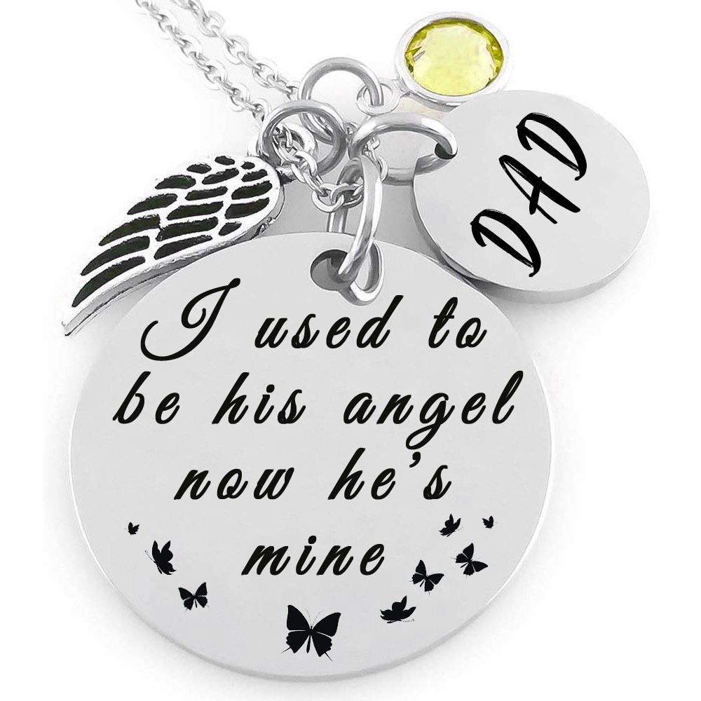 Personalised Engraved I Used To Be His Angel Now He's Mine Memorial Necklace With Birthstone