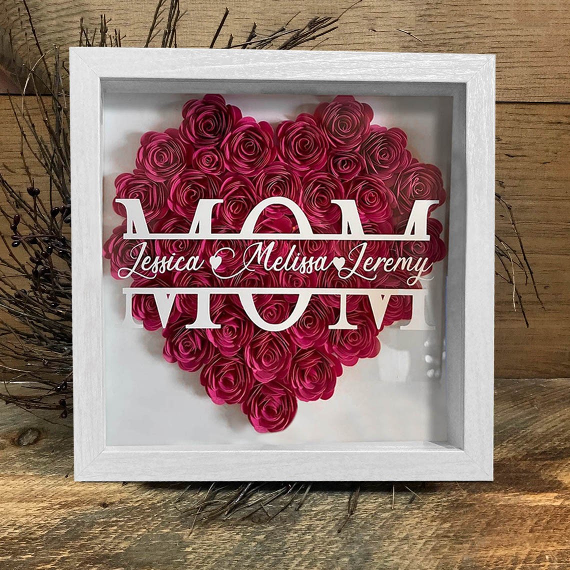 Custom  Mum Heart Flower Shadow Box With Kids Name For Grandma Mum Mother's Day Birthday Gift