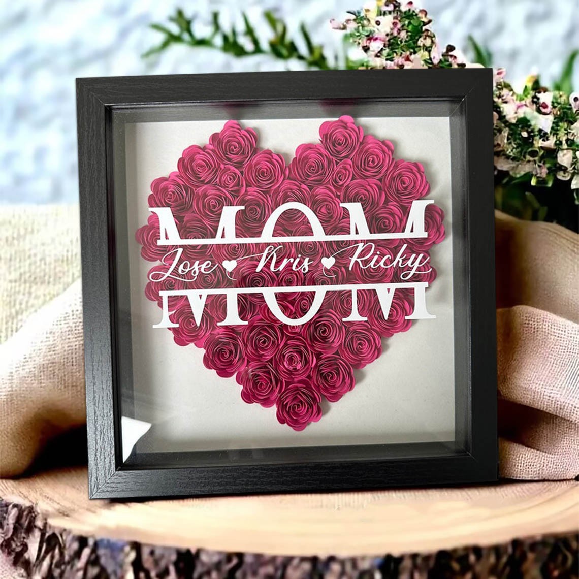 Custom  Mum Heart Flower Shadow Box With Kids Name For Grandma Mum Mother's Day Birthday Gift