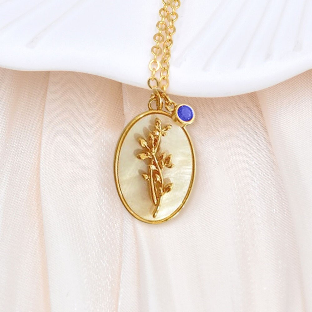 Personalised Dainty Birth Month Flower Mother Shell Gold Necklace With Birthstone For Mum