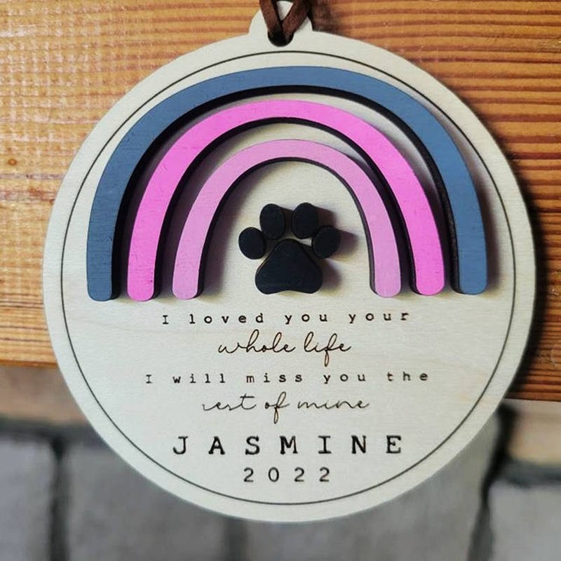 Personalised Wood Pet Paw Memorial Ornament Rainbow Bridge with Name Engraved