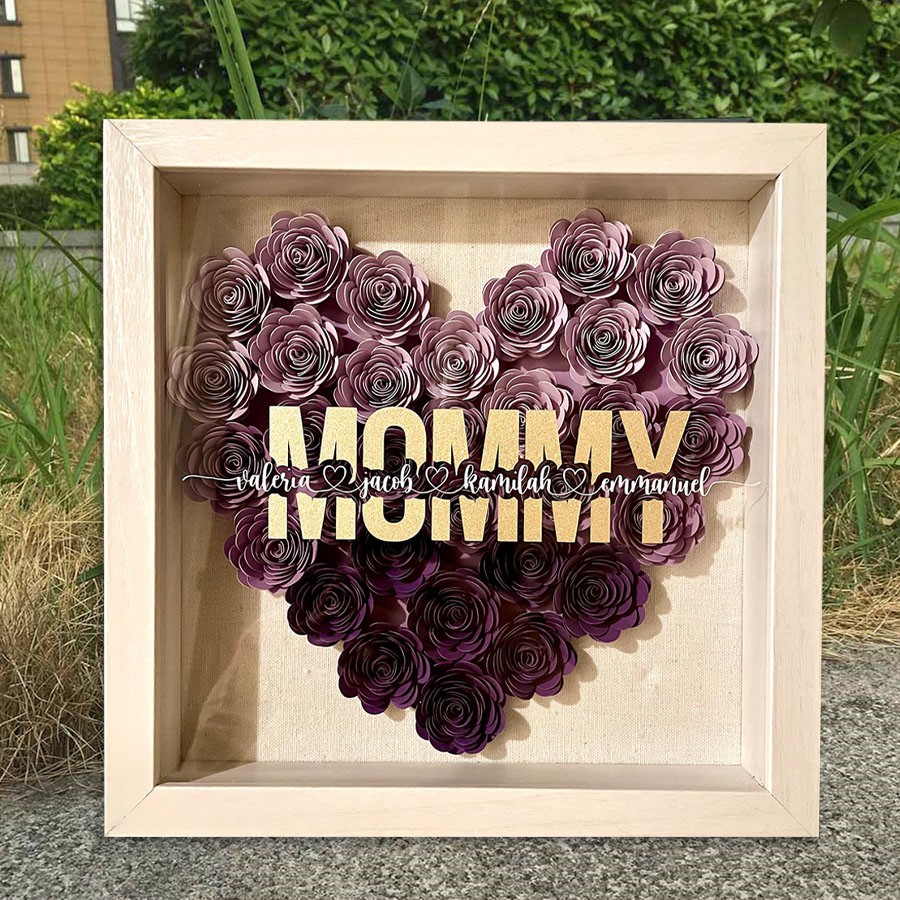 Personalised Mum Heart Flower Shadow Box With Kids Name For Mother's Day Birthday