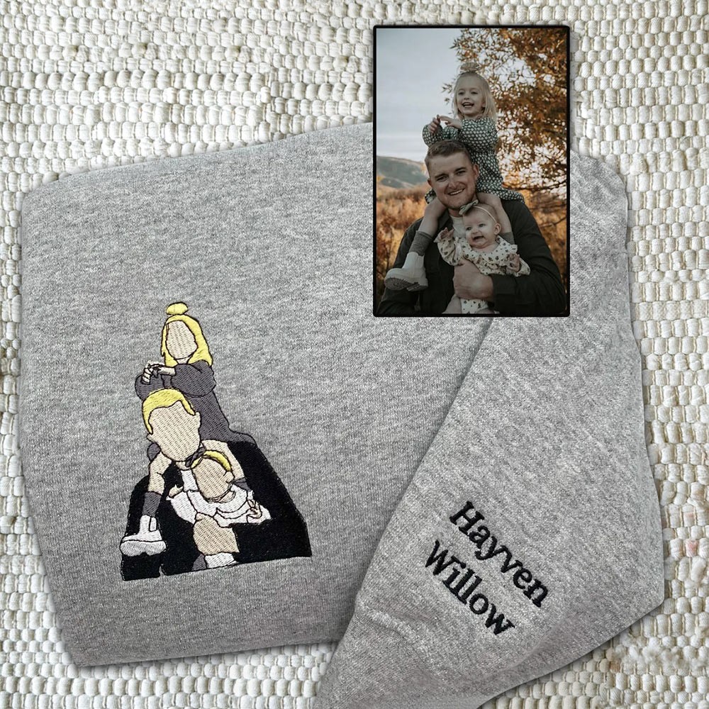 Custom Embroidered Dad Sweatshirt From Portrait with Kid Name Fathers Day or Birthday Gift for Dad