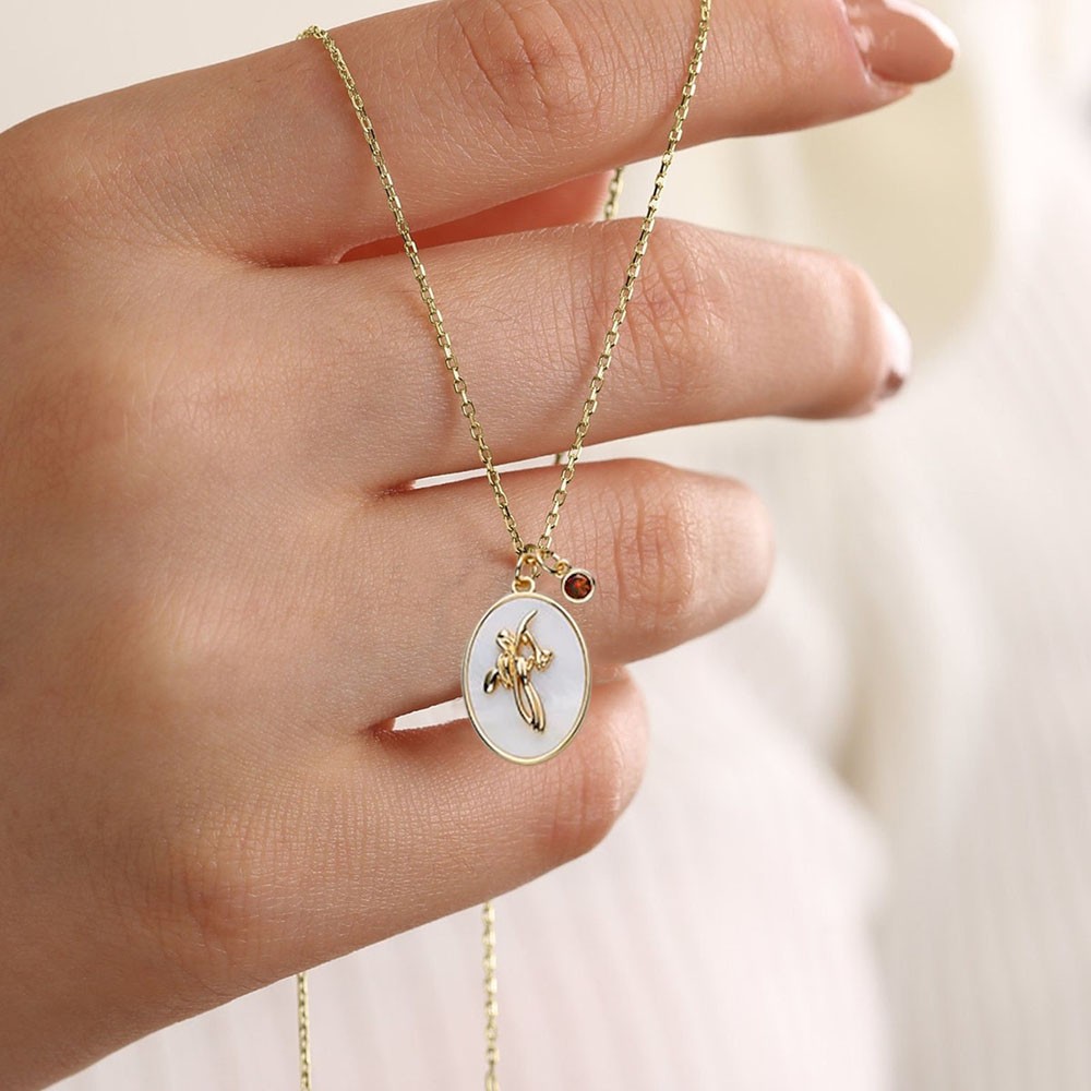 Personalised Dainty Birth Month Flower Mother Shell Gold Necklace With Birthstone For Mum