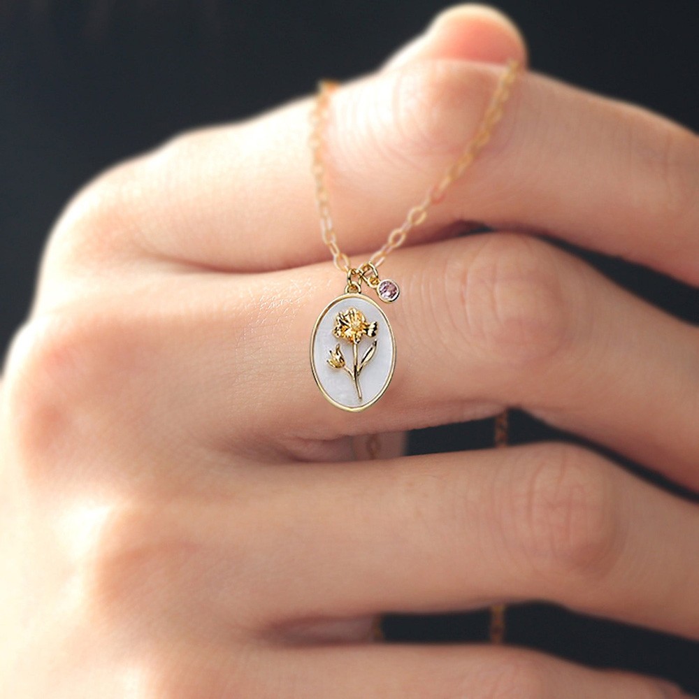 Personalised Dainty Birth Month Flower Mother Shell Gold Necklace With Birthstone For Mum