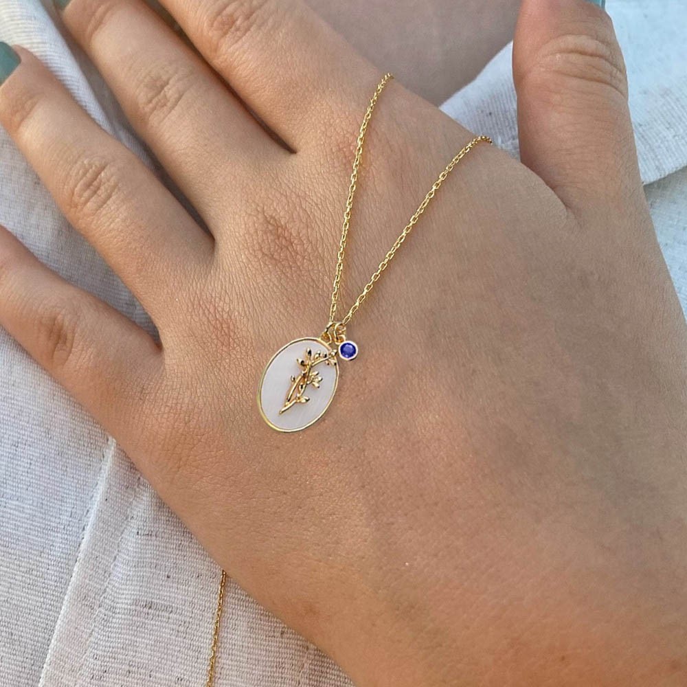 Personalised Dainty Birth Month Flower Mother Shell Gold Necklace With Birthstone For Mum