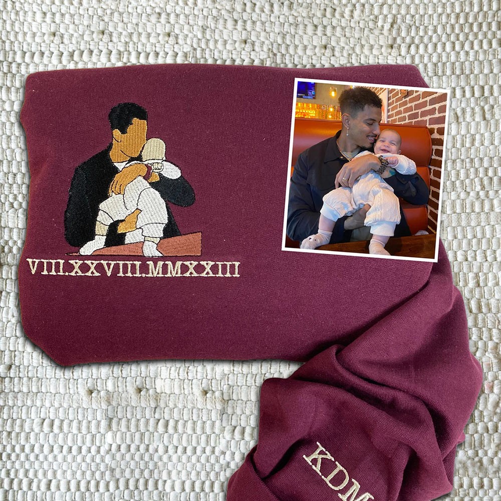 Custom Embroidered Dad Sweatshirt From Portrait with Kid Name Fathers Day or Birthday Gift for Dad