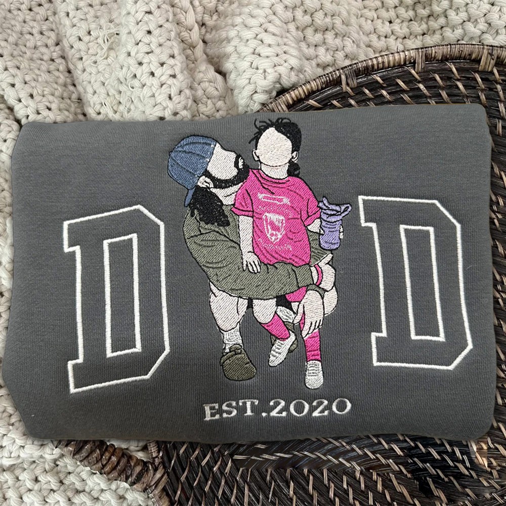 Custom Embroidered Dad Sweatshirt From Portrait with Kid Name Fathers Day or Birthday Gift for Dad