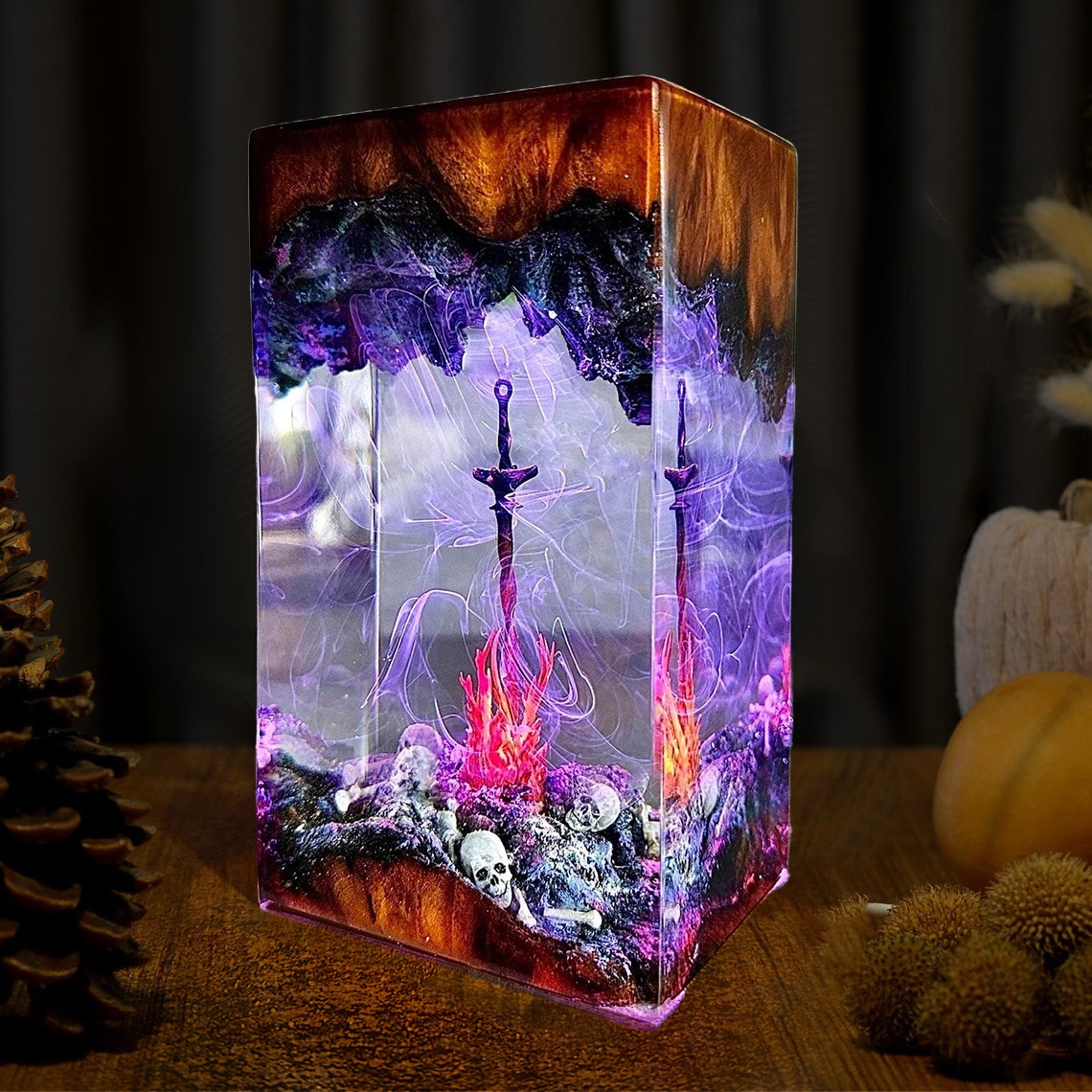 Sword and Skull Resin Wood Lamp Handmade Gifts For Halloween